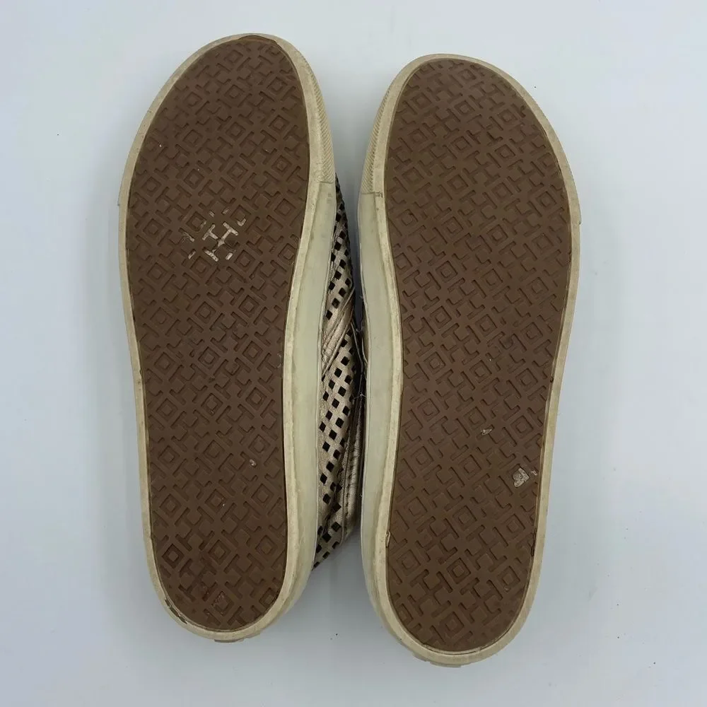 Tory Burch Jesse Gold Metallic Leather Perforated Slip On Shoes - Picture 6 of 6